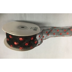 Sheer Wired Ribbon with Glitter Dots Black/Red 1.5" 25y